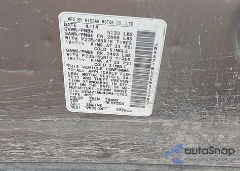 2014 Nissan Murano Sl from USA, damaged, VIN JN8AZ1MU4EW412783